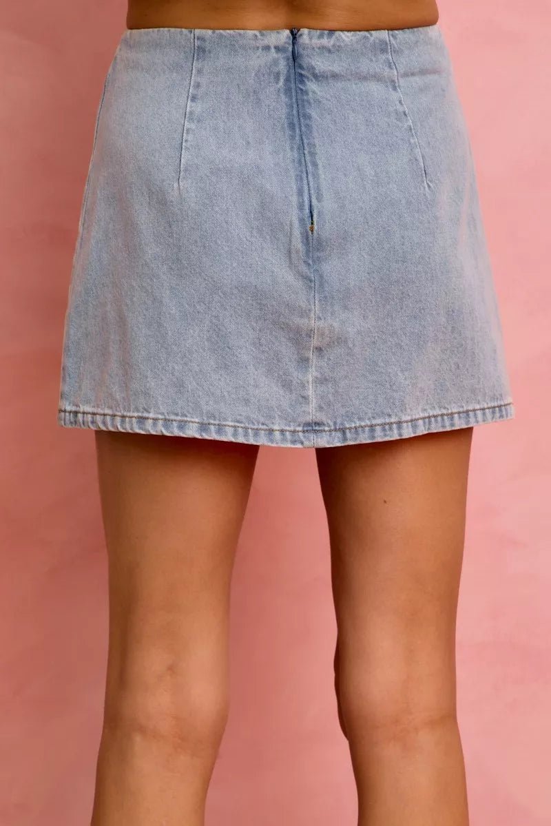 SO ME Lace Ribbon Trim Denim Mini Skirt - AMVIM