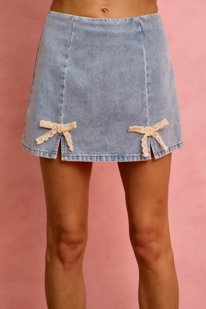 SO ME Lace Ribbon Trim Denim Mini Skirt - AMVIM