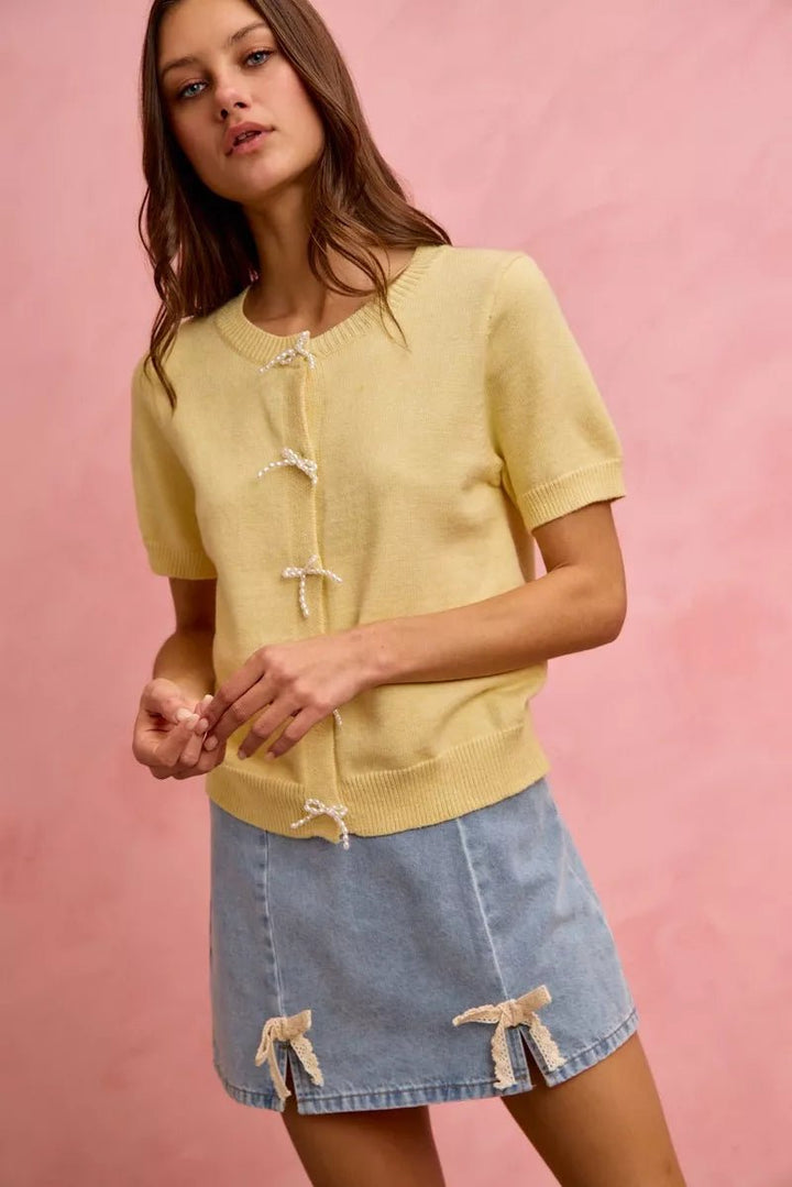 SO ME Lace Ribbon Trim Denim Mini Skirt - AMVIM