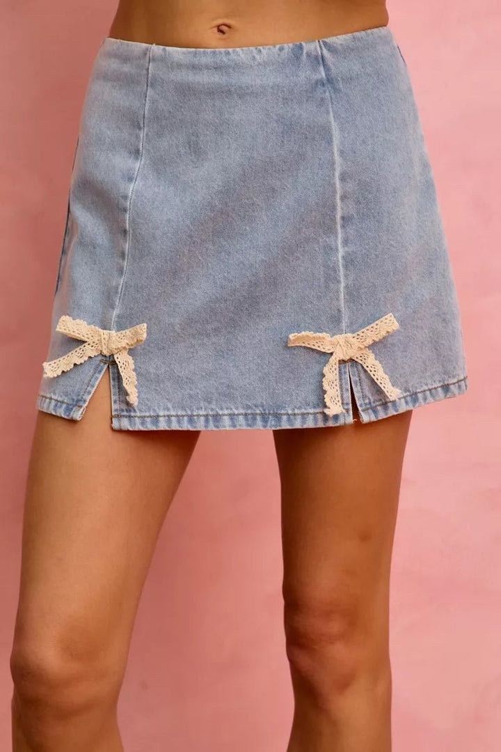SO ME Lace Ribbon Trim Denim Mini Skirt - AMVIM
