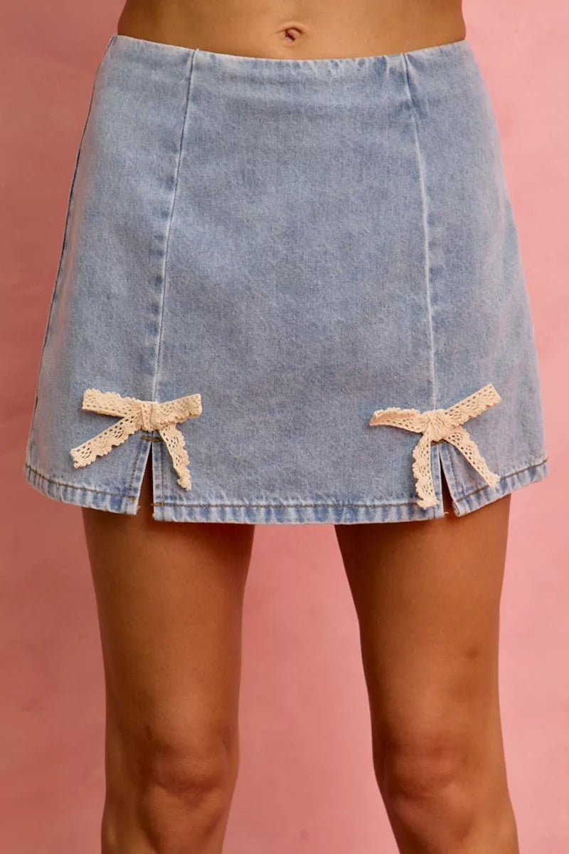 SO ME Lace Ribbon Trim Denim Mini Skirt - AMVIM