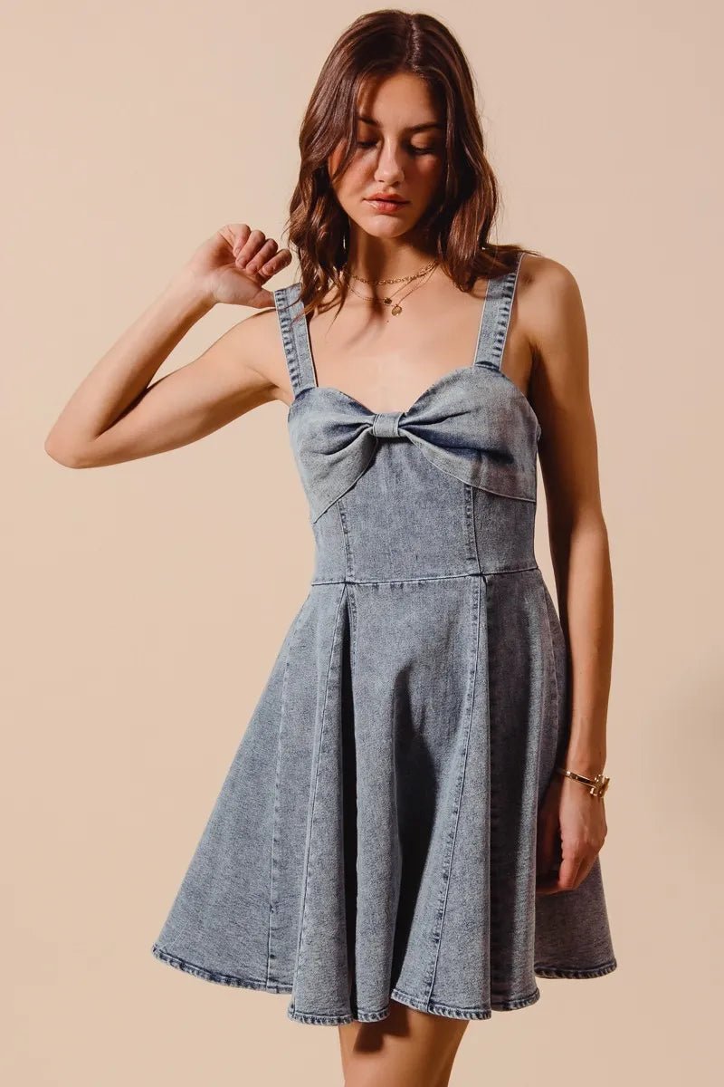 SO ME Mineral Washed Bow Ribbon Denim Flare Dress - AMVIM
