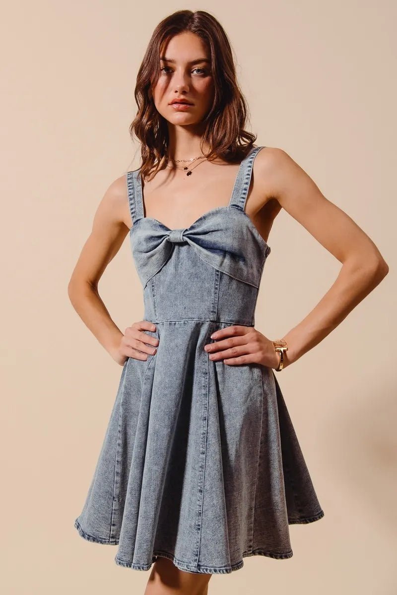 SO ME Mineral Washed Bow Ribbon Denim Flare Dress - AMVIM