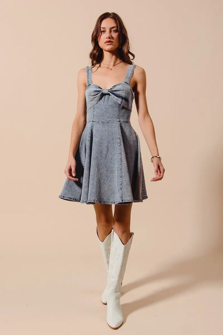 SO ME Mineral Washed Bow Ribbon Denim Flare Dress - AMVIM