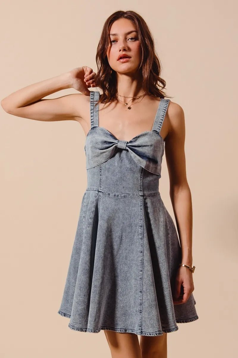 SO ME Mineral Washed Bow Ribbon Denim Flare Dress - AMVIM