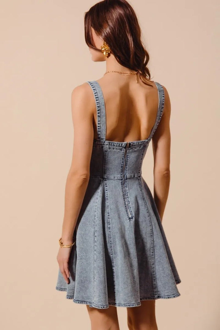 SO ME Mineral Washed Bow Ribbon Denim Flare Dress - AMVIM