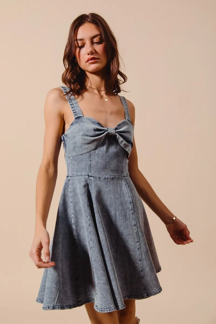 SO ME Mineral Washed Bow Ribbon Denim Flare Dress - AMVIM