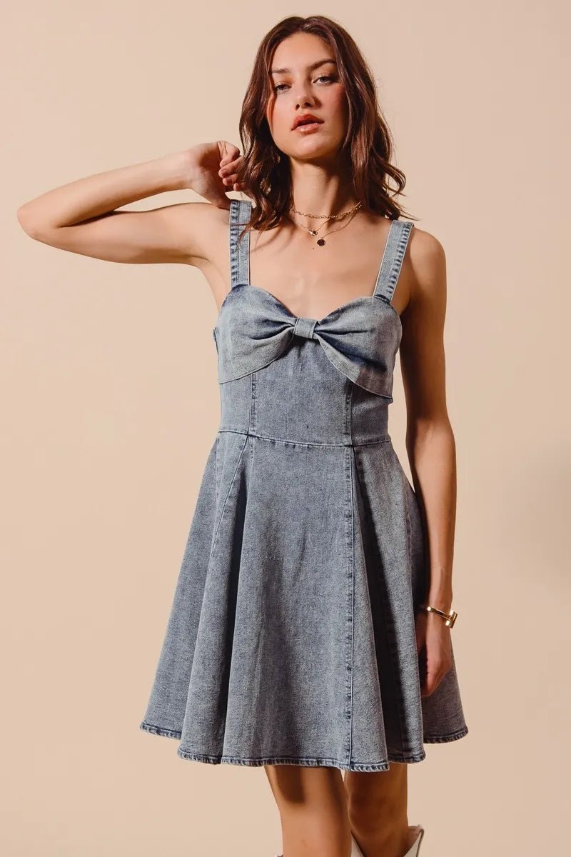 SO ME Mineral Washed Bow Ribbon Denim Flare Dress - AMVIM