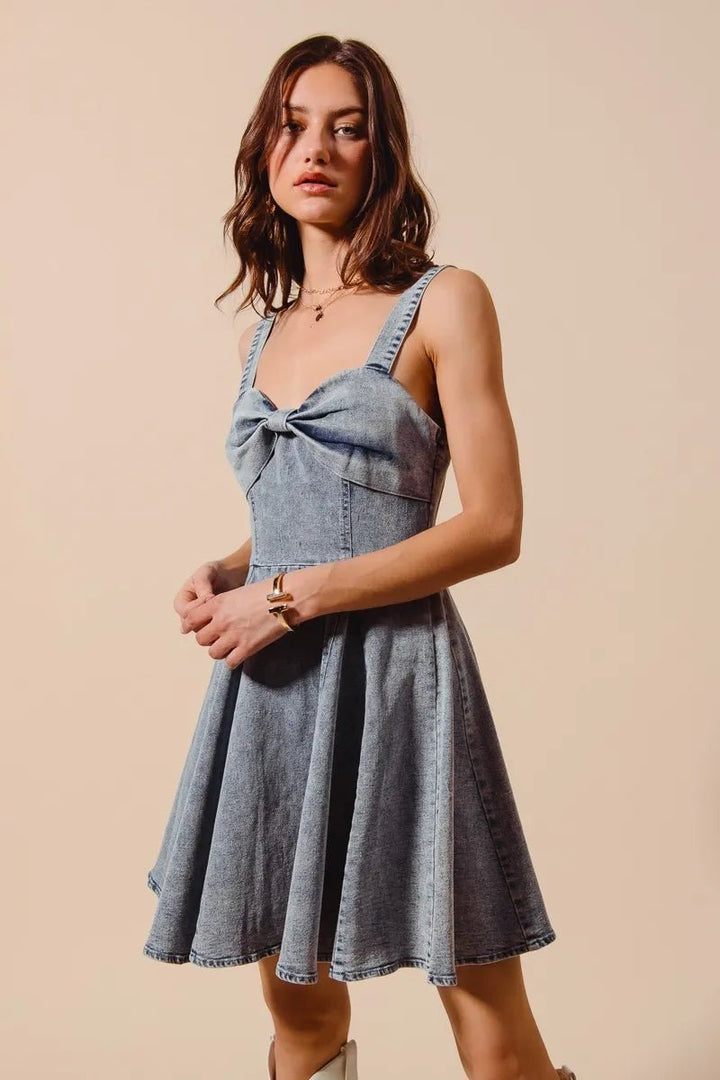 SO ME Mineral Washed Bow Ribbon Denim Flare Dress - AMVIM