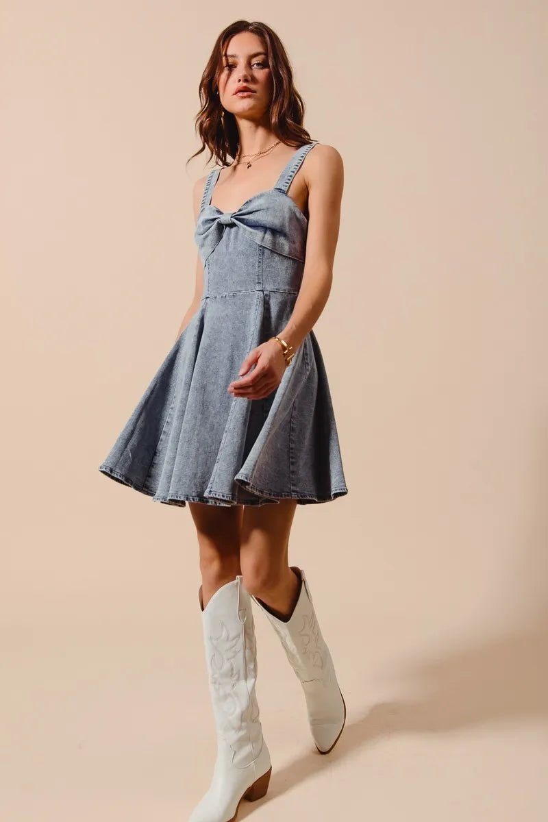 SO ME Mineral Washed Bow Ribbon Denim Flare Dress - AMVIM