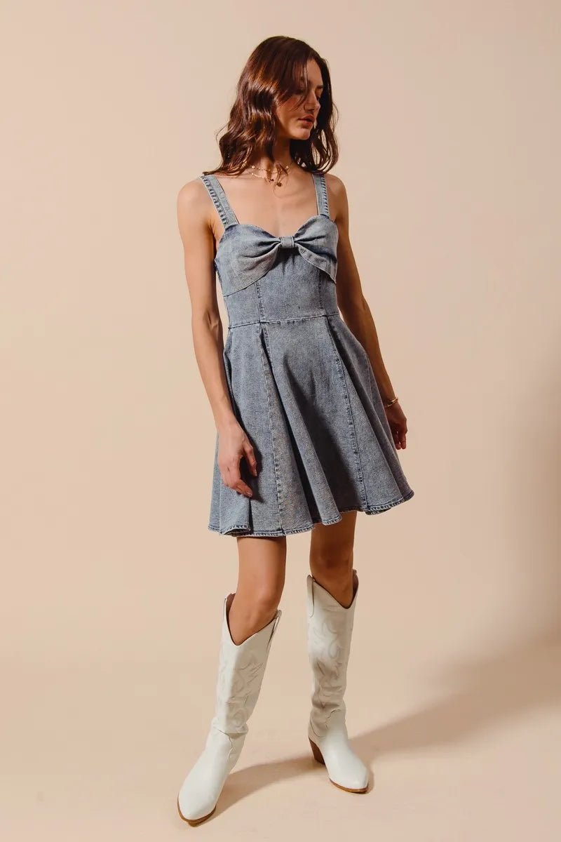 SO ME Mineral Washed Bow Ribbon Denim Flare Dress - AMVIM
