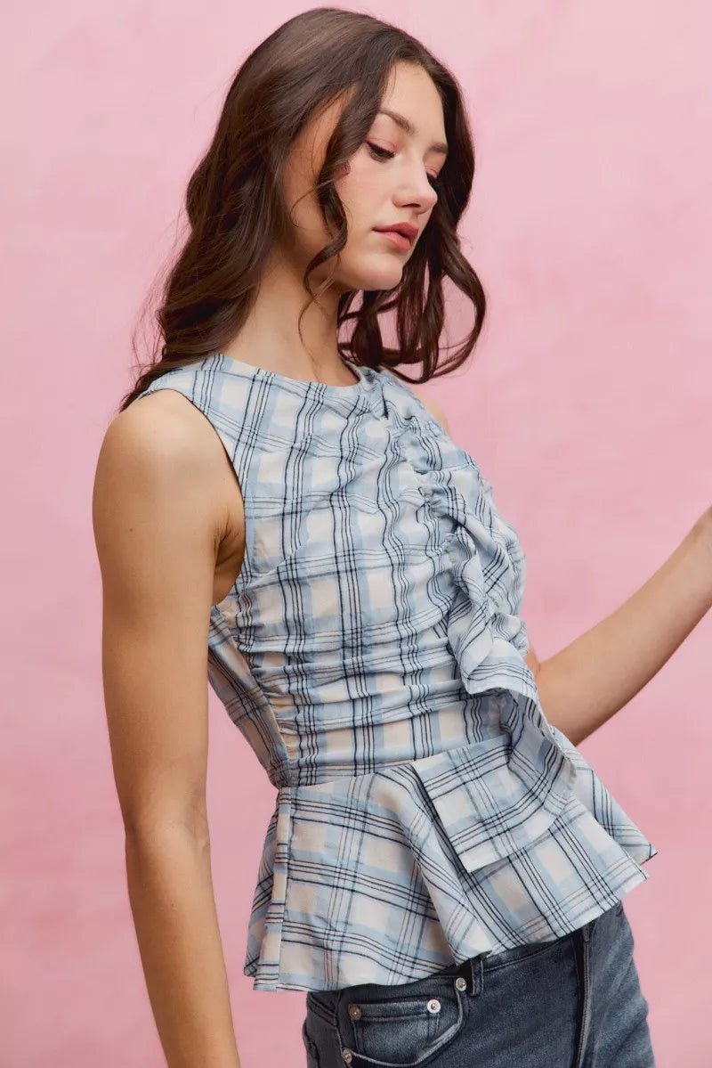 SO ME Plaid Sleeveless Ruffle Peplum Top - AMVIM