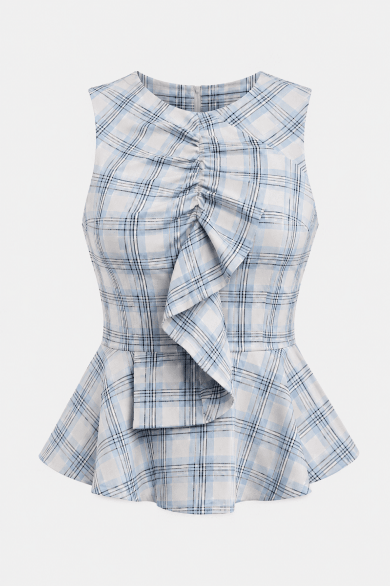SO ME Plaid Sleeveless Ruffle Peplum Top - AMVIM