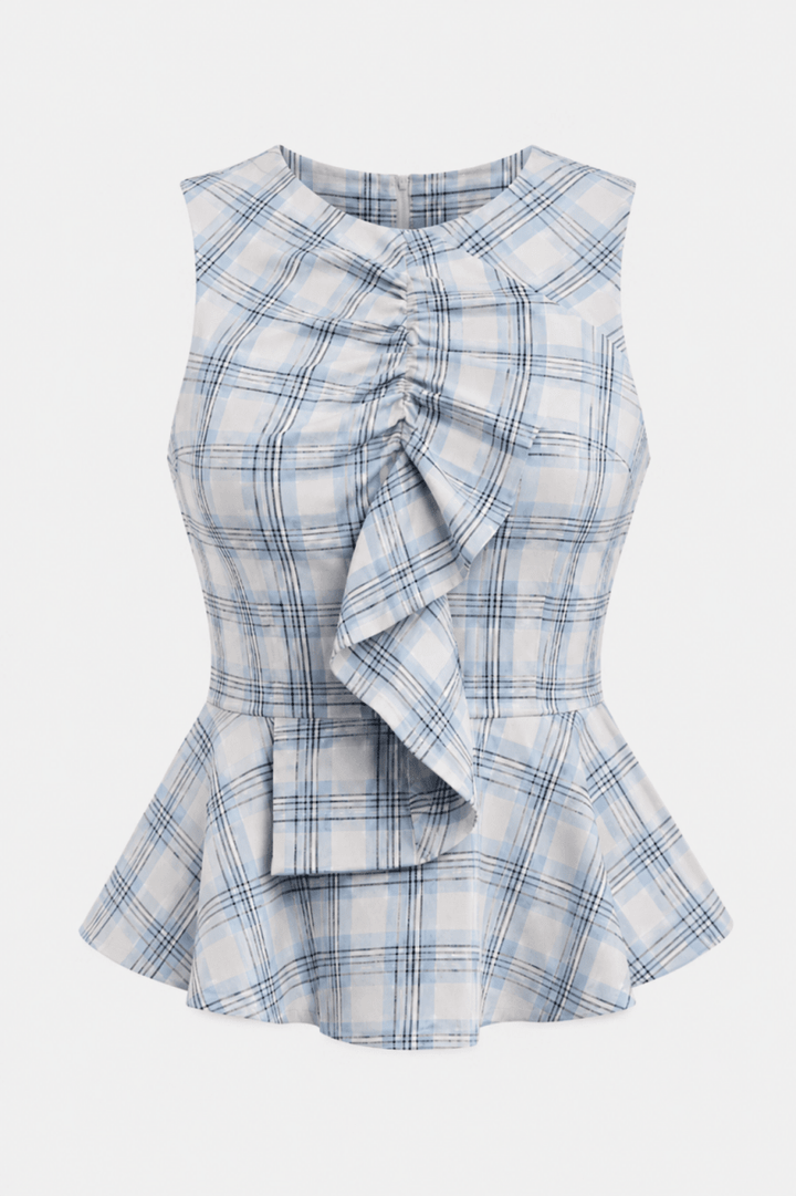 SO ME Plaid Sleeveless Ruffle Peplum Top - AMVIM