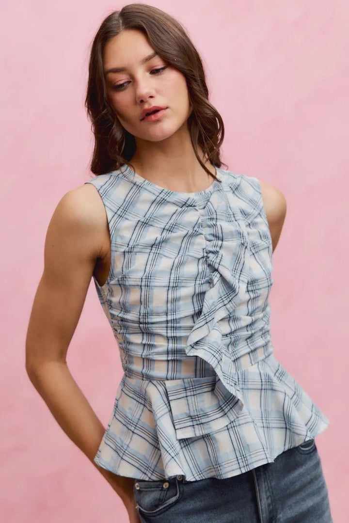 SO ME Plaid Sleeveless Ruffle Peplum Top - AMVIM