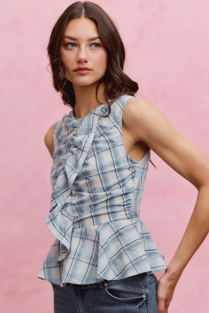 SO ME Plaid Sleeveless Ruffle Peplum Top - AMVIM