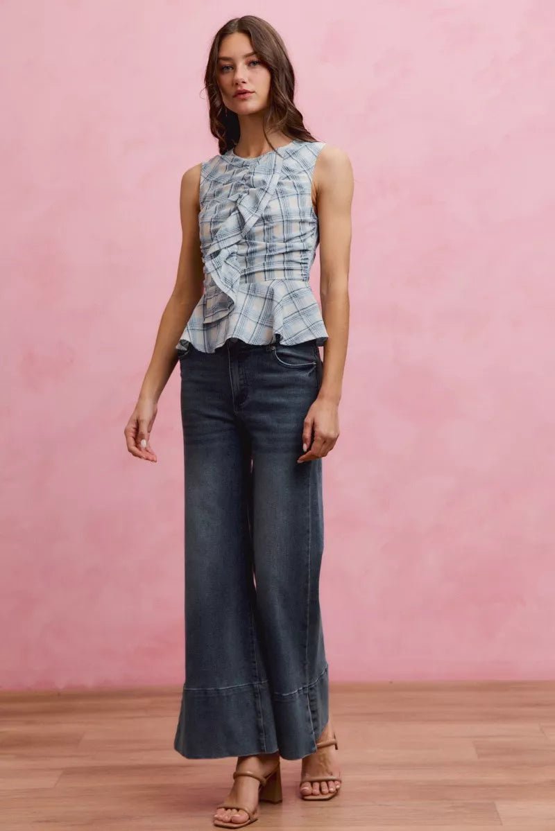SO ME Plaid Sleeveless Ruffle Peplum Top - AMVIM