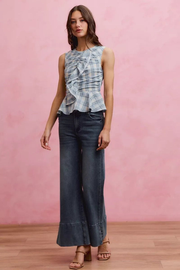 SO ME Plaid Sleeveless Ruffle Peplum Top - AMVIM