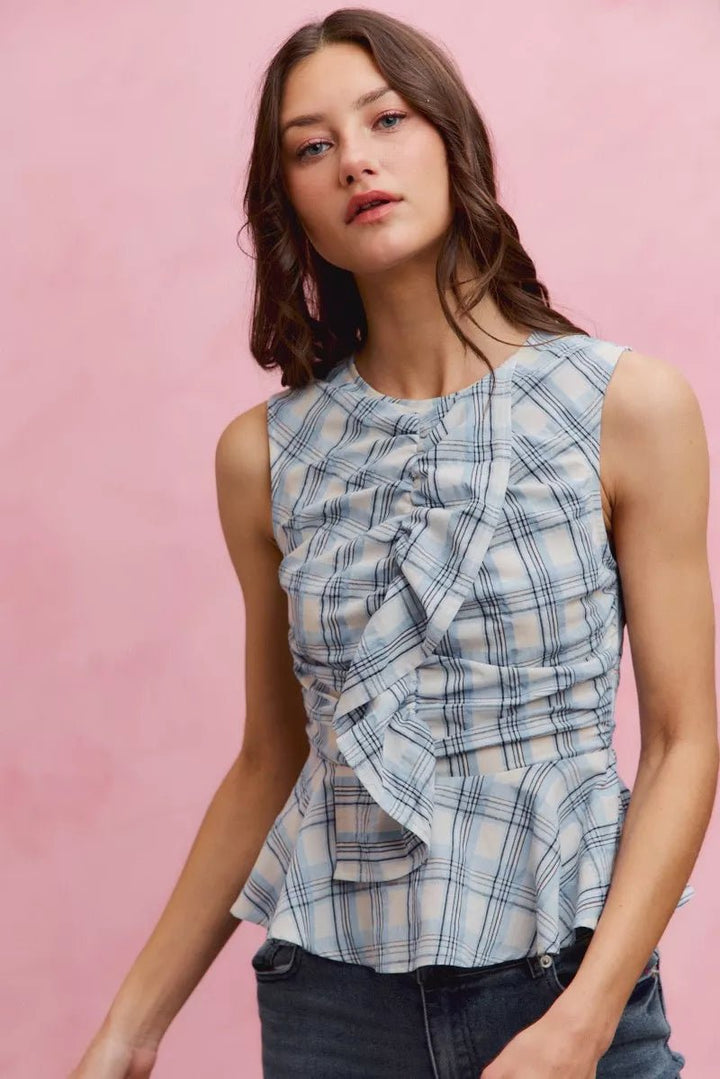 SO ME Plaid Sleeveless Ruffle Peplum Top - AMVIM