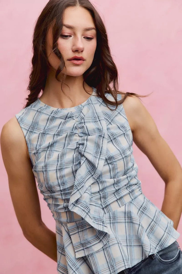 SO ME Plaid Sleeveless Ruffle Peplum Top - AMVIM