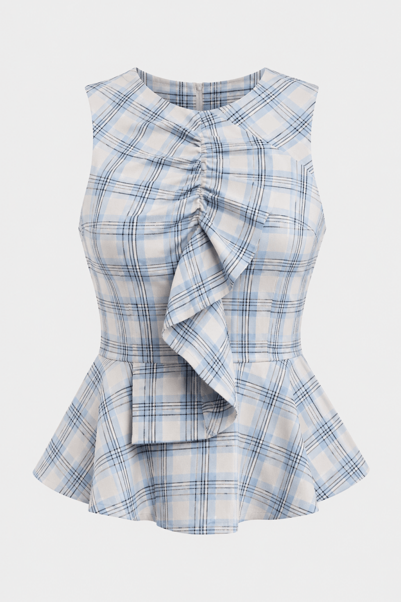 SO ME Plaid Sleeveless Ruffle Peplum Top - AMVIM