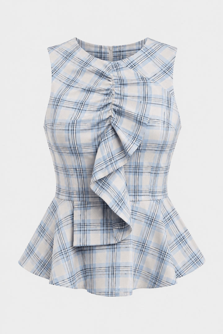 SO ME Plaid Sleeveless Ruffle Peplum Top - AMVIM