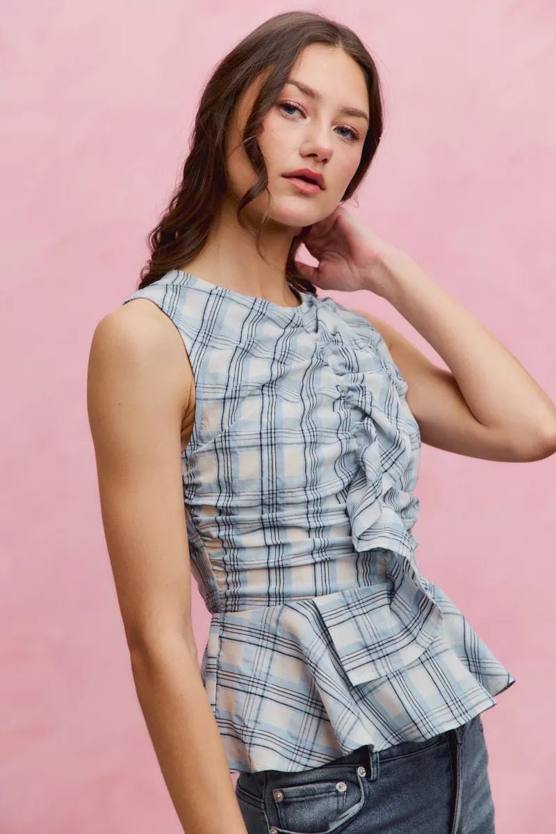 SO ME Plaid Sleeveless Ruffle Peplum Top - AMVIM