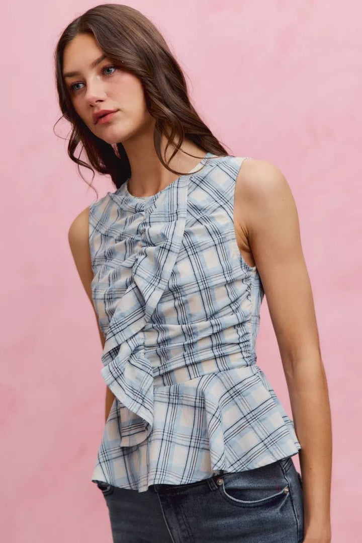 SO ME Plaid Sleeveless Ruffle Peplum Top - AMVIM