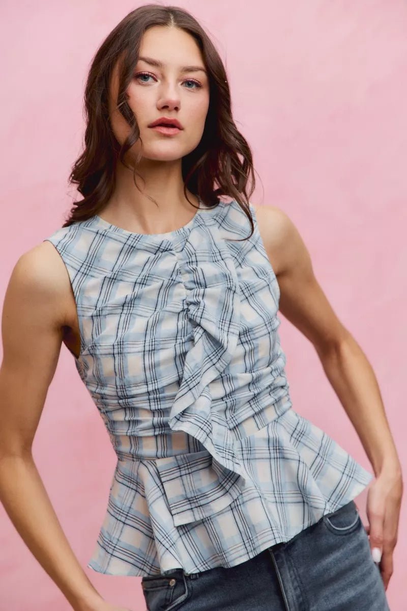 SO ME Plaid Sleeveless Ruffle Peplum Top - AMVIM