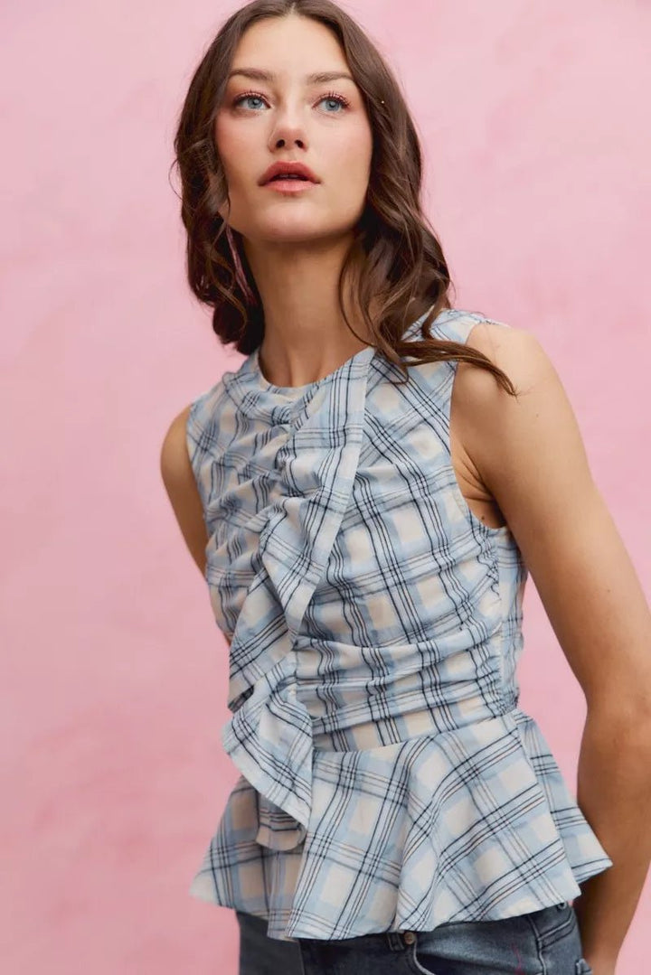 SO ME Plaid Sleeveless Ruffle Peplum Top - AMVIM