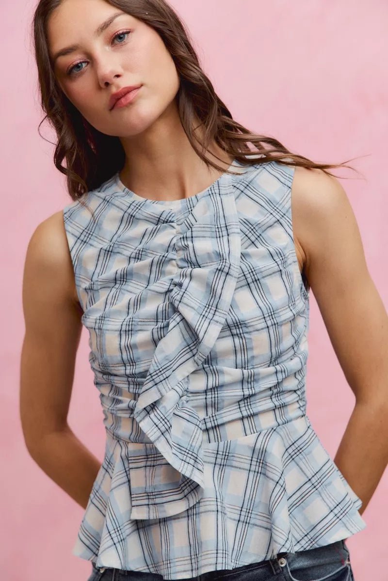 SO ME Plaid Sleeveless Ruffle Peplum Top - AMVIM