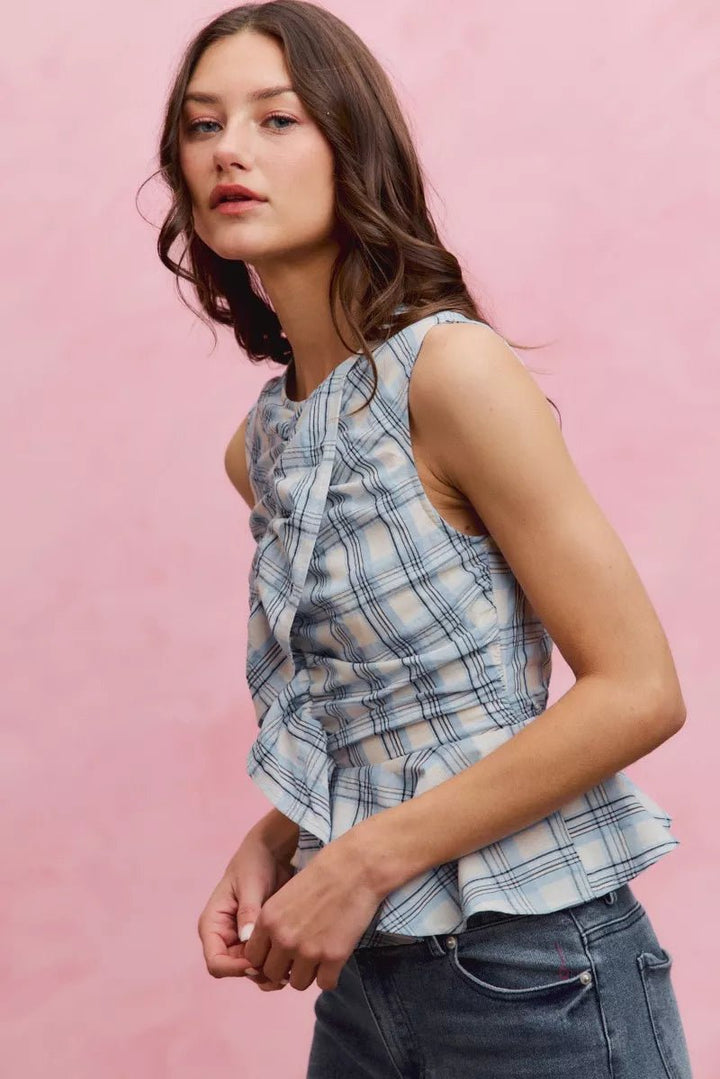 SO ME Plaid Sleeveless Ruffle Peplum Top - AMVIM