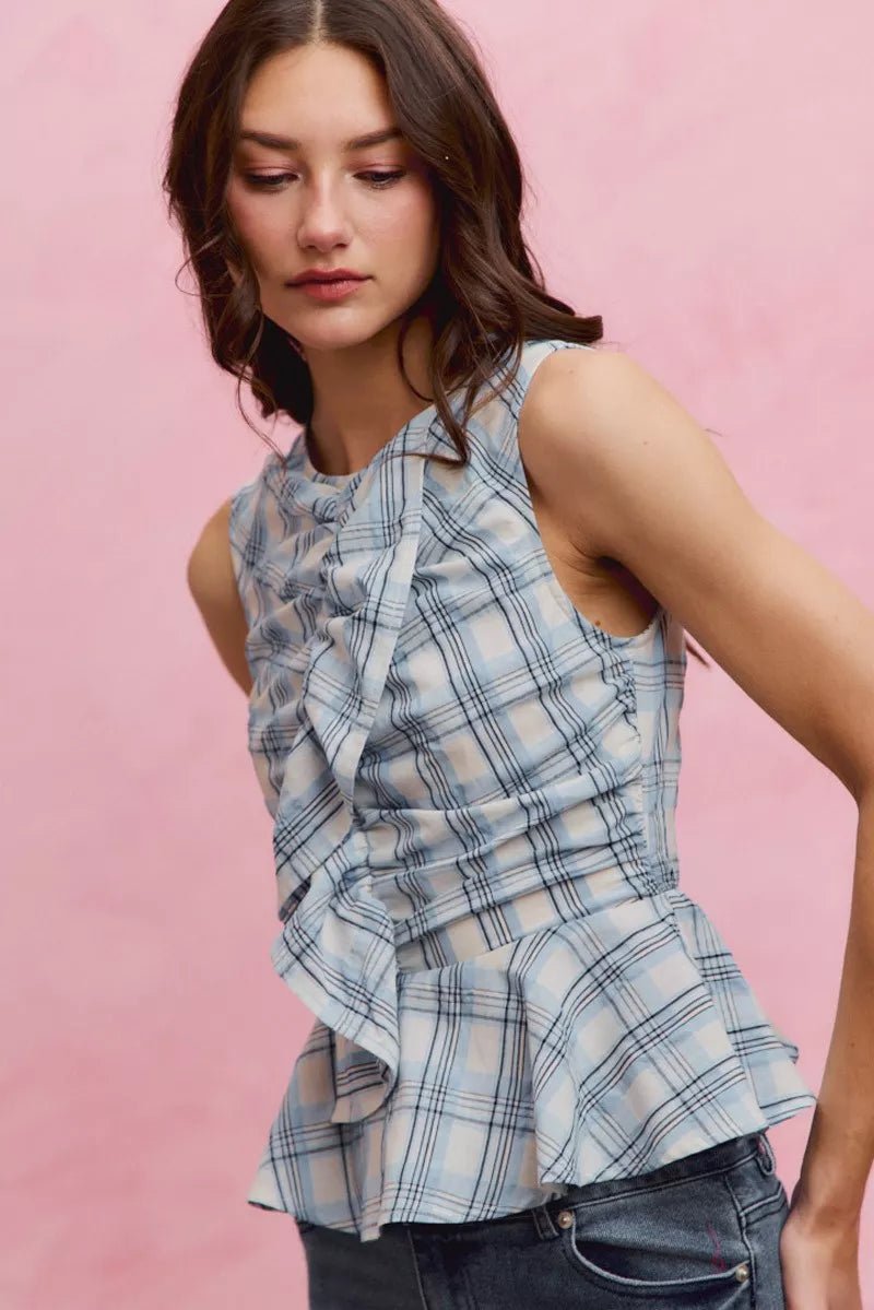 SO ME Plaid Sleeveless Ruffle Peplum Top - AMVIM