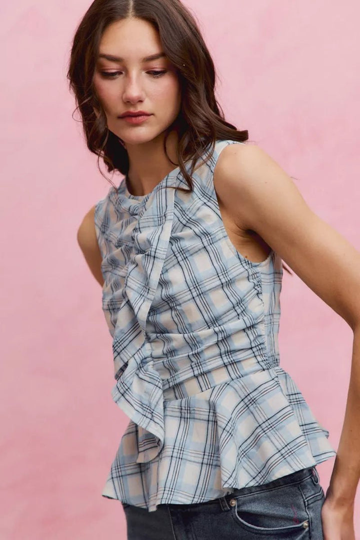SO ME Plaid Sleeveless Ruffle Peplum Top - AMVIM