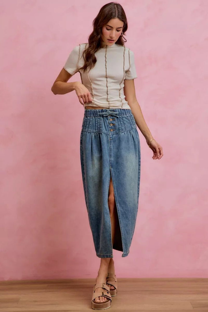 SO ME Pleated Washed Denim Skirt With Front Slit - AMVIM