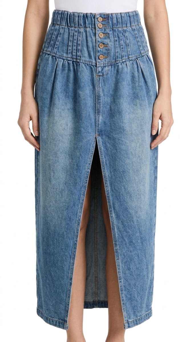 SO ME Pleated Washed Denim Skirt With Front Slit - AMVIM