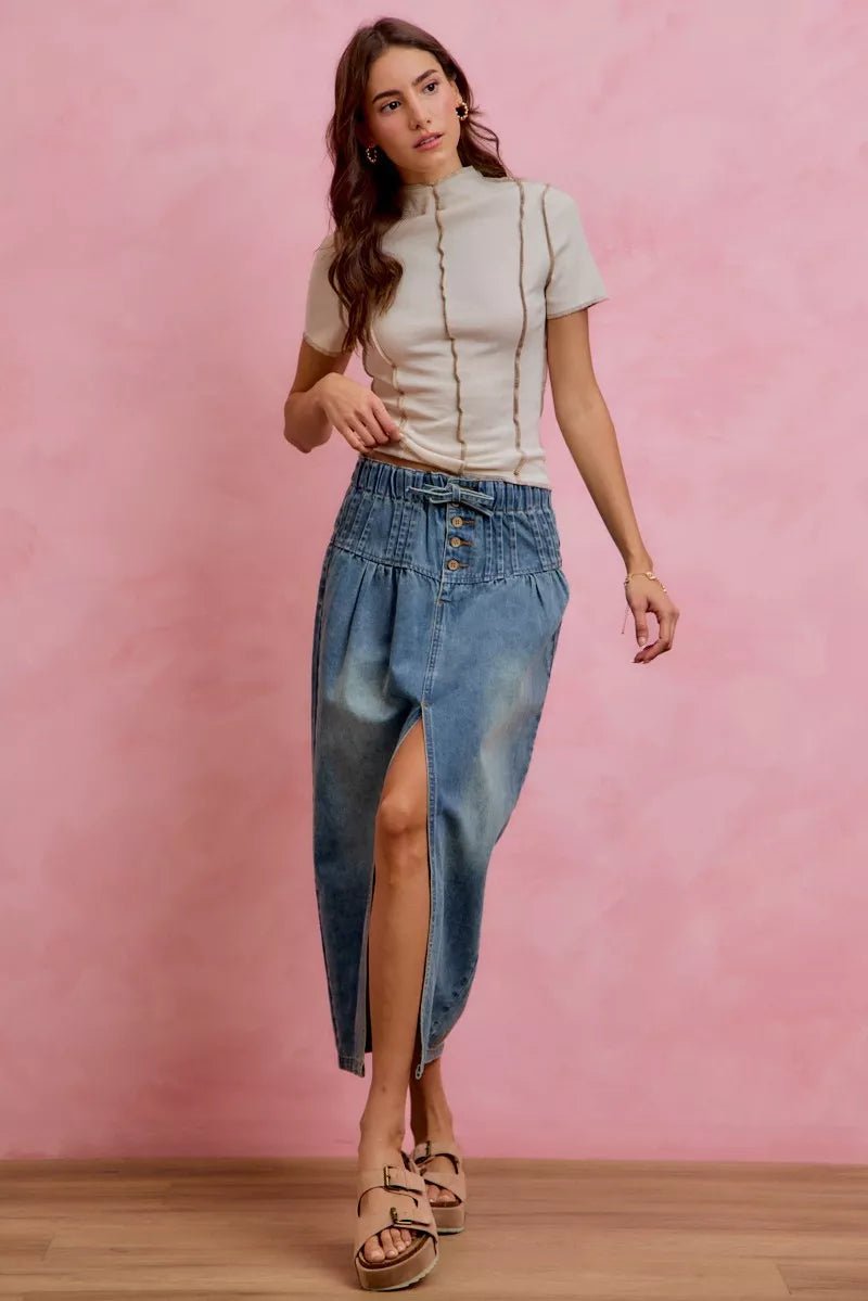 SO ME Pleated Washed Denim Skirt With Front Slit - AMVIM