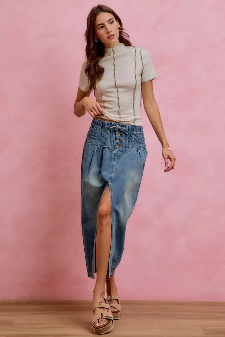 SO ME Pleated Washed Denim Skirt With Front Slit - AMVIM