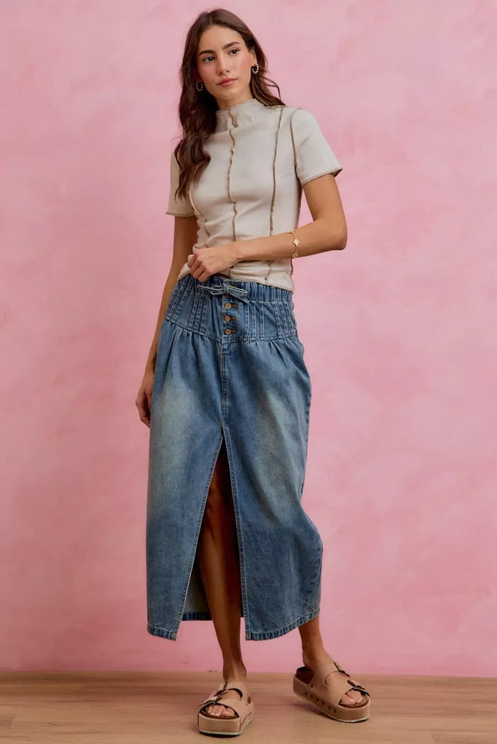 SO ME Pleated Washed Denim Skirt With Front Slit - AMVIM