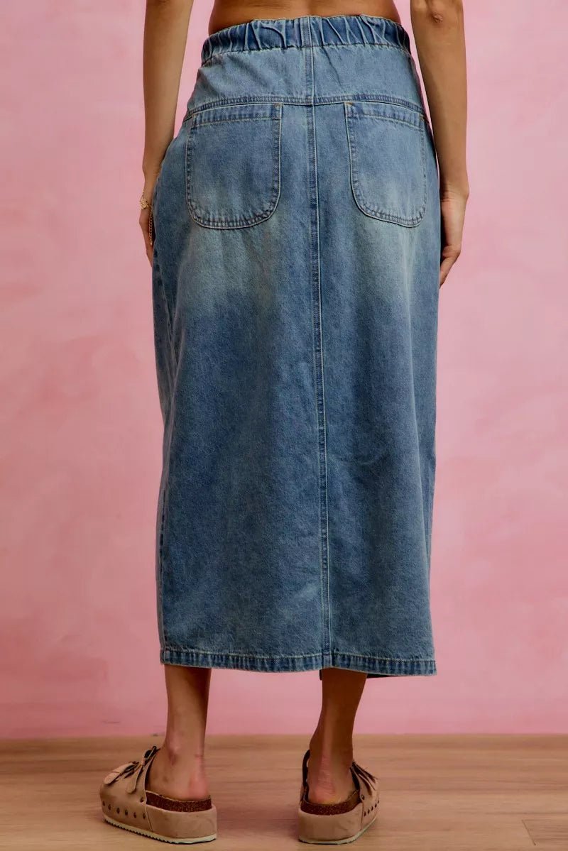 SO ME Pleated Washed Denim Skirt With Front Slit - AMVIM