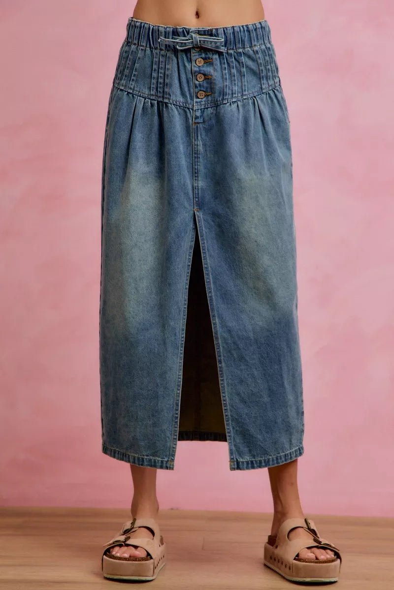 SO ME Pleated Washed Denim Skirt With Front Slit - AMVIM