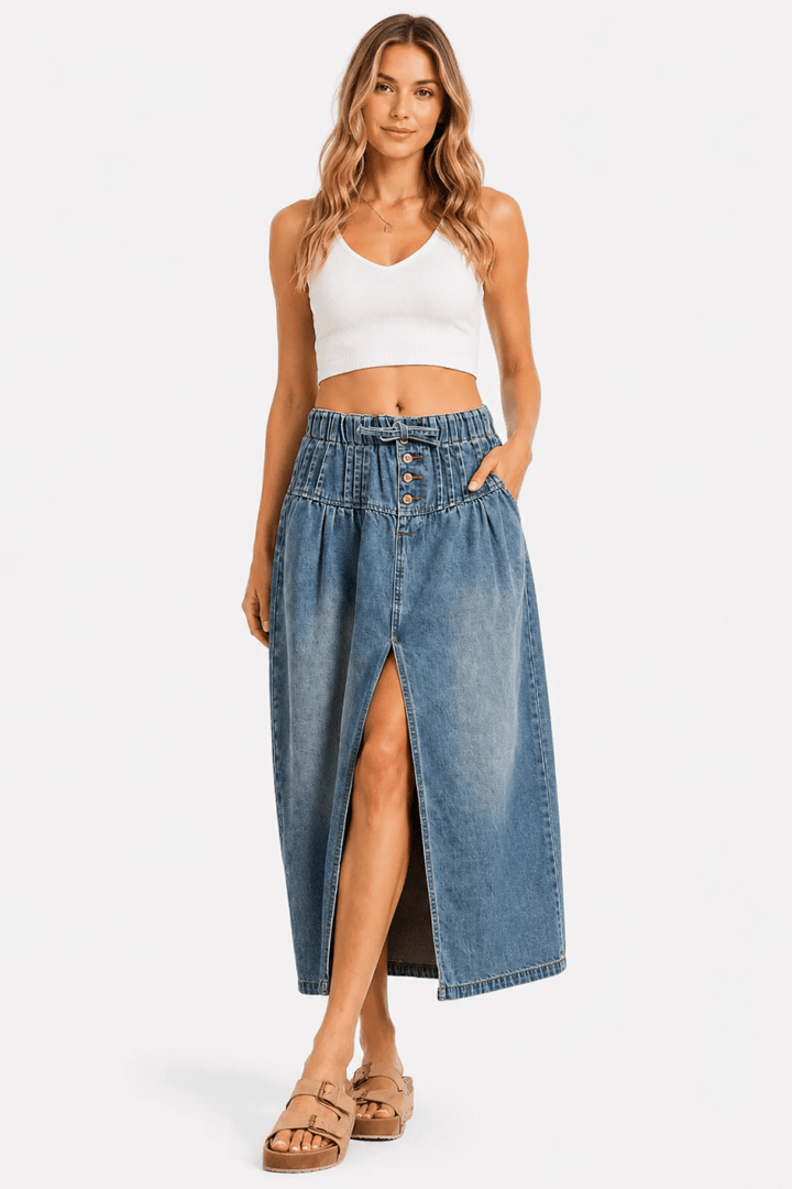 SO ME Pleated Washed Denim Skirt With Front Slit - AMVIM