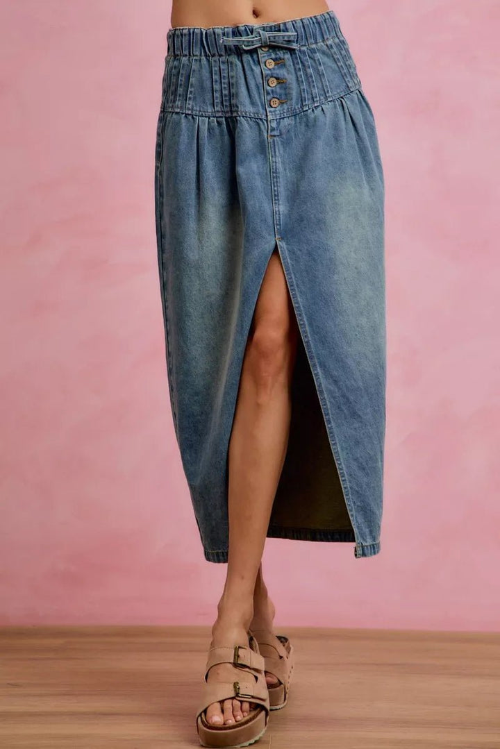 SO ME Pleated Washed Denim Skirt With Front Slit - AMVIM