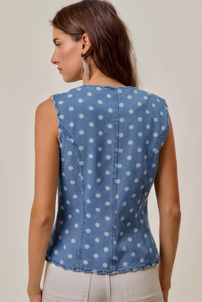 SO ME Polka Dot Denim Scallop Edge Button Down Vest Top - AMVIM