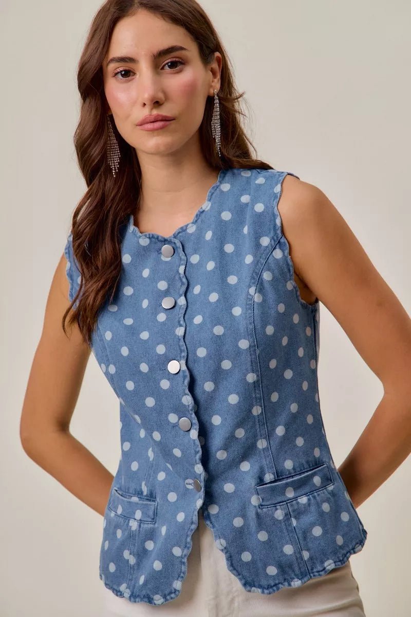 SO ME Polka Dot Denim Scallop Edge Button Down Vest Top - AMVIM