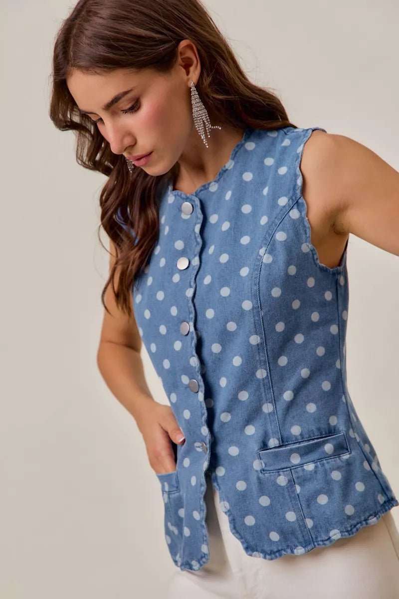 SO ME Polka Dot Denim Scallop Edge Button Down Vest Top - AMVIM
