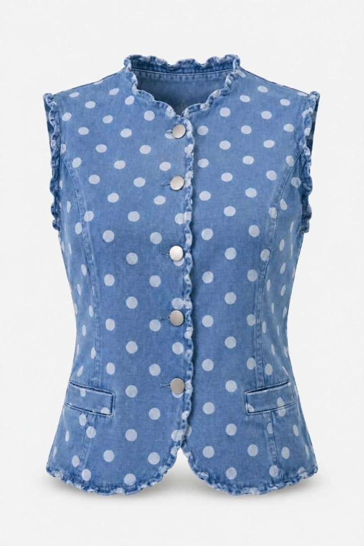 SO ME Polka Dot Denim Scallop Edge Button Down Vest Top - AMVIM