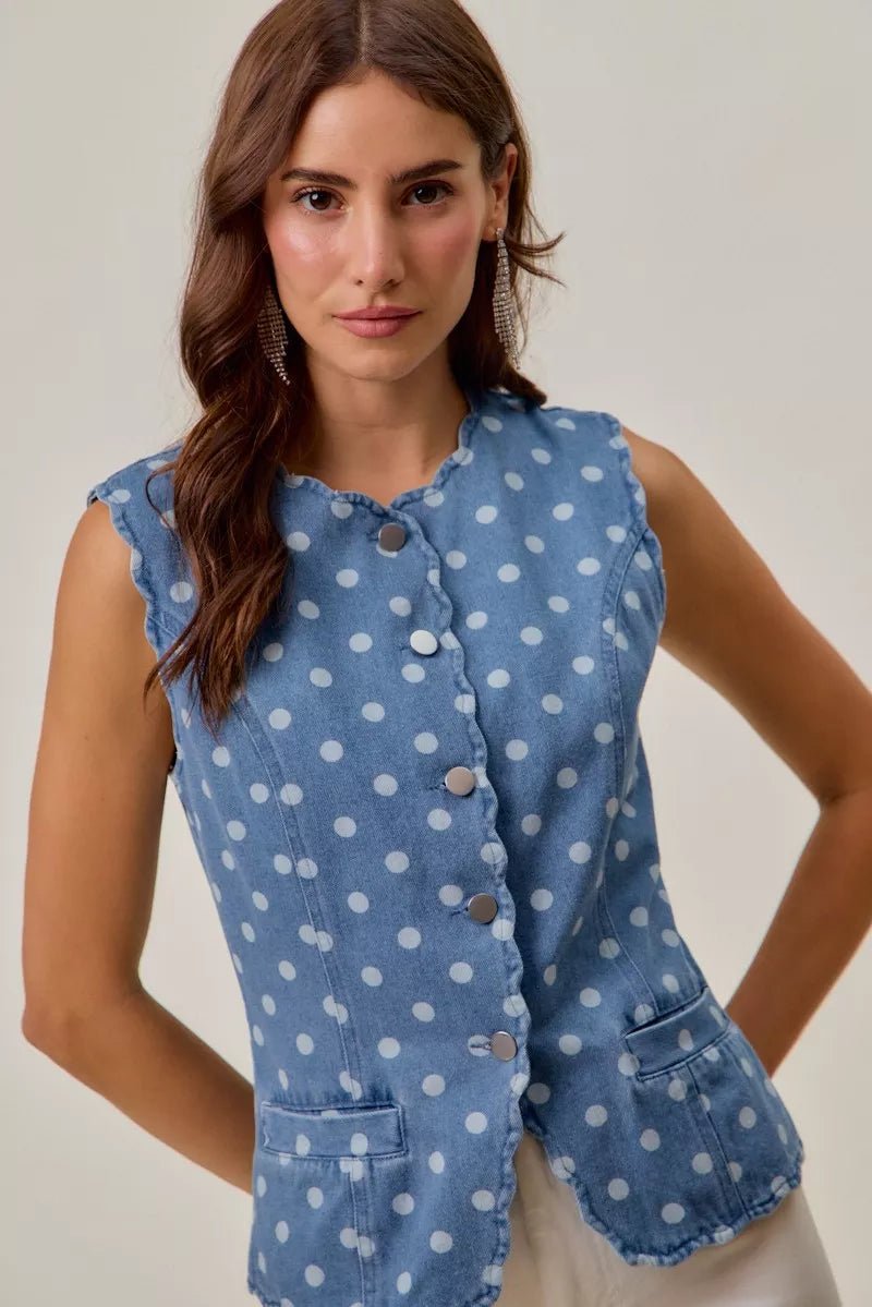 SO ME Polka Dot Denim Scallop Edge Button Down Vest Top - AMVIM