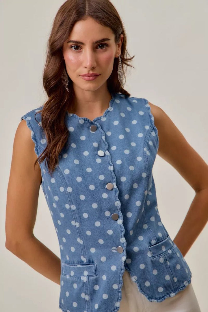 SO ME Polka Dot Denim Scallop Edge Button Down Vest Top - AMVIM