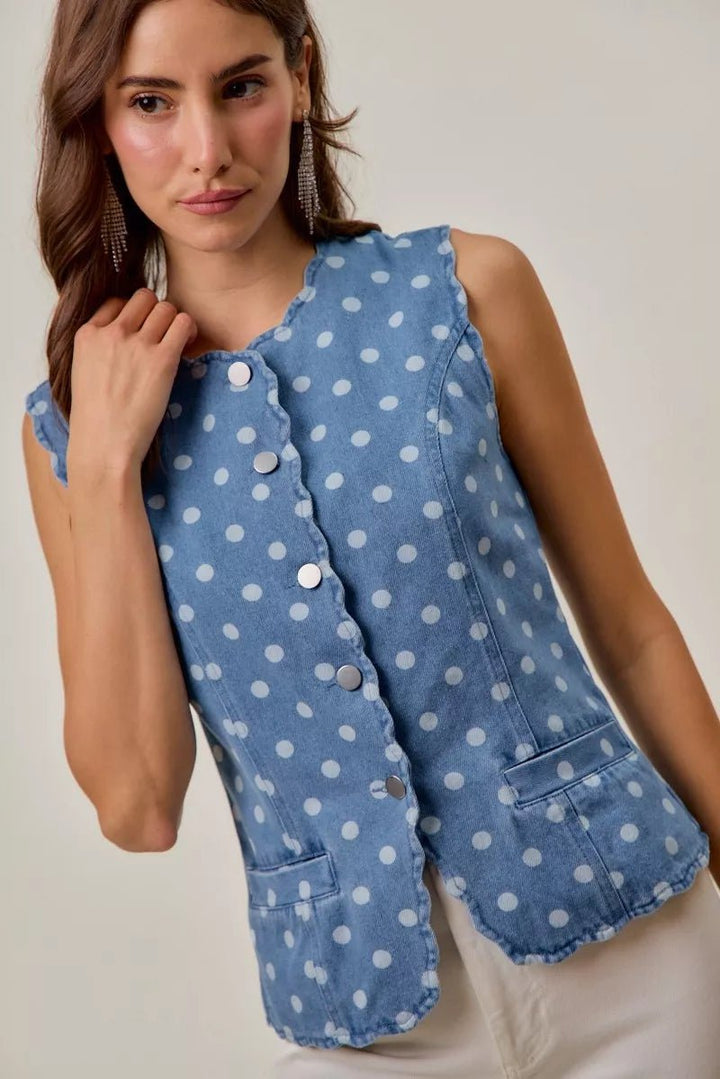 SO ME Polka Dot Denim Scallop Edge Button Down Vest Top - AMVIM